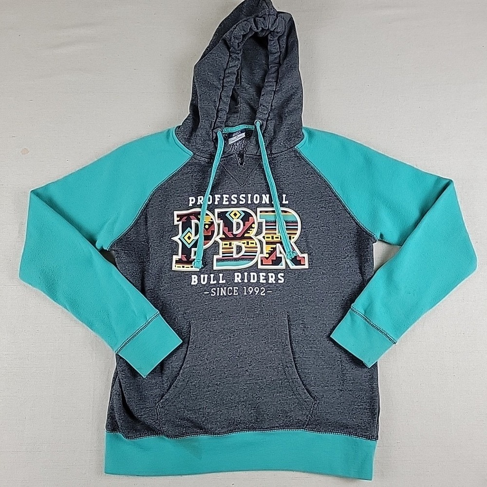 PBR Bull Riders Hoodie Medium Gray Teal Colorblock Pullover Hooded Sweatshirt
